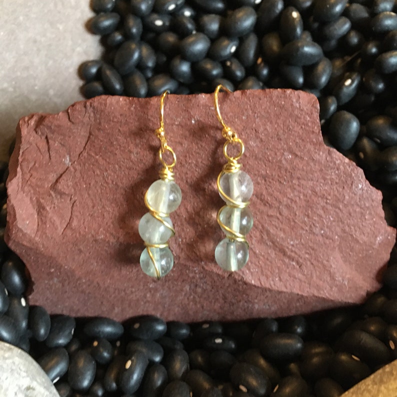 Fluorite and Yellow Brass Earrings Earrings Fluorite Earrings Wire Wrapped Earrings Jewelry with Meaning Order to Chaos