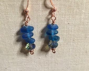 Earrings - Matte Finish Blue Glass Chips and Faceted Crystal on Copper Earrings - Dangle Earrings