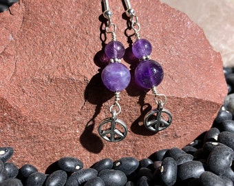 Earrings Peace Love Hippie Amethyst Dangle Earrings Peace Sign Earrings Earrings for Peace Gift Idea Sterling Earrings Jewelry with Meaning