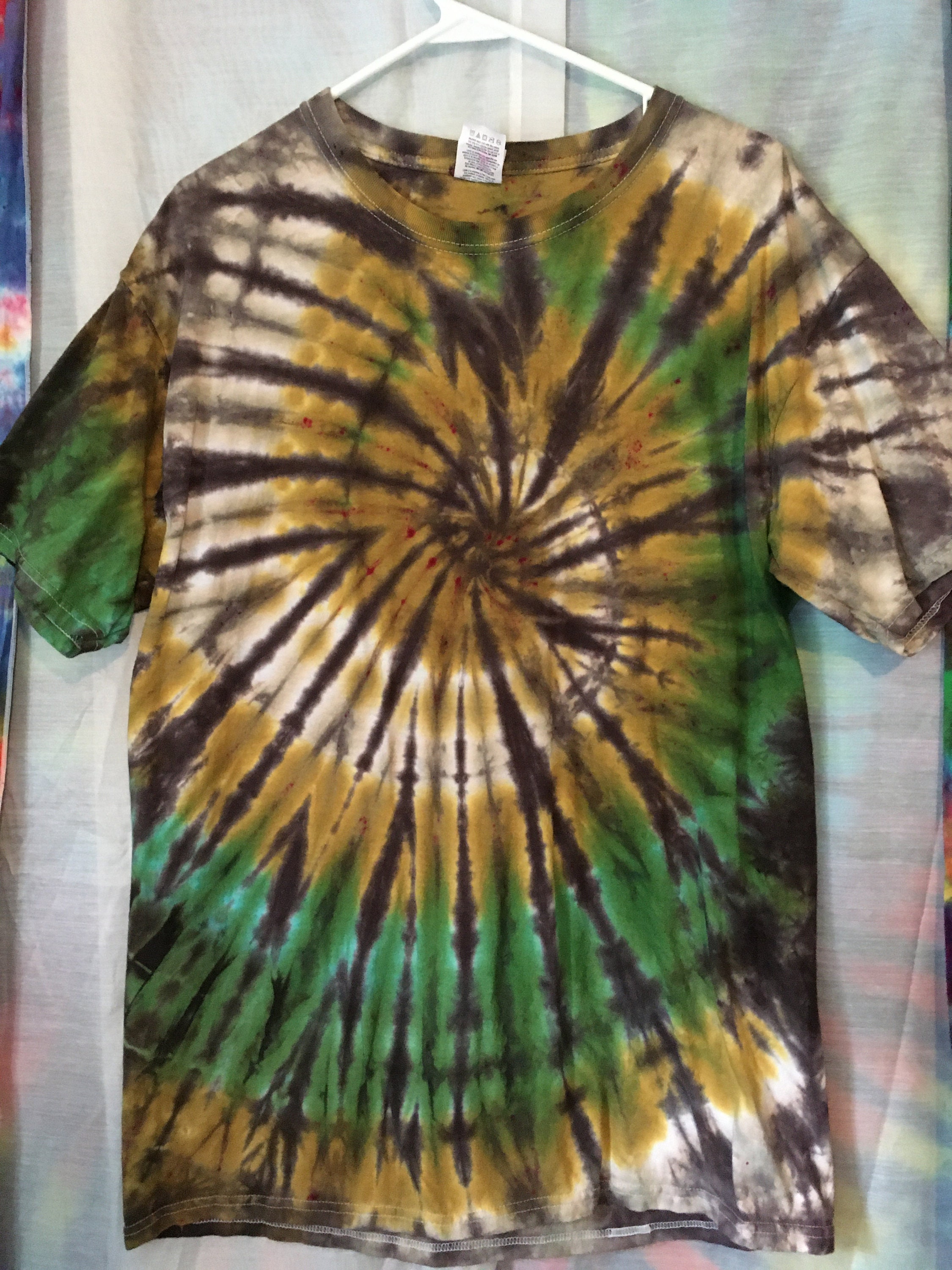 Spiral Tie Dyed T Shirt Green Gold and Brown Mens Large | Etsy