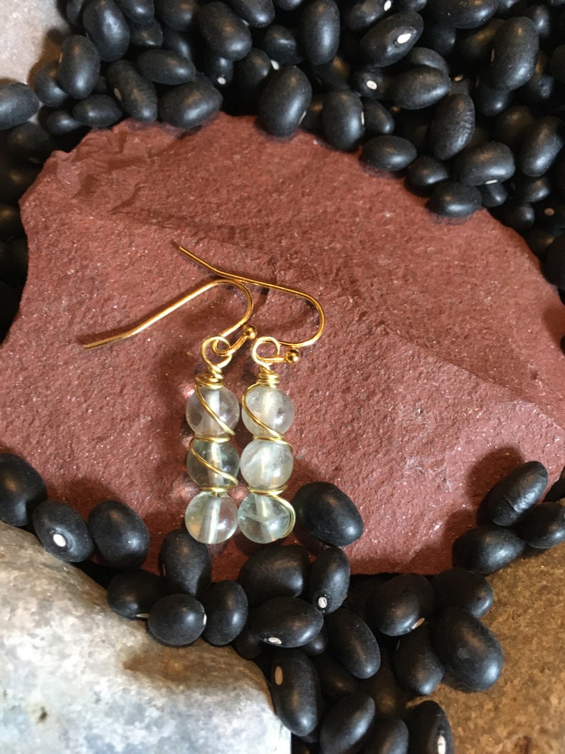 Fluorite and Yellow Brass Earrings Earrings Fluorite Earrings Wire Wrapped Earrings Jewelry with Meaning Order to Chaos