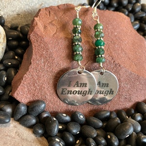 Earrings - Dangle Earrings - Emerald and I Am Enough Charm Earrings - Jewelry with Meaning - Love and Healing