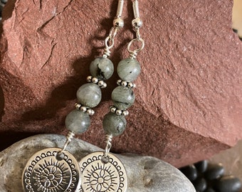 Earrings - 6mm Labradorite and Floral Mandala on Sterling Wire Earrings - Sterling Earrings - Jewelry w/ Meaning - Transformation and Magic