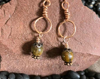 Earrings - Simple Copper Wire Wrapped Drop Earrings with Tiger Eye Beads - Jewelry with Meaning - Grounding