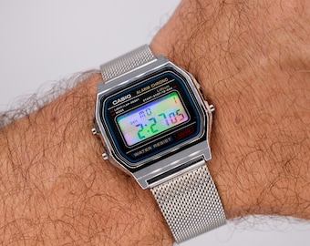Modified Casio A158W digital watch: "Spectraline" – improved backlight, holographic display, custom metallic mesh strap