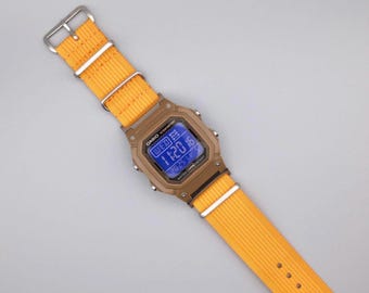 Modified Casio W800H digital watch: "Desert Haze" – Timer function unlocked, purple polarised negative display, custom amber light-up digits