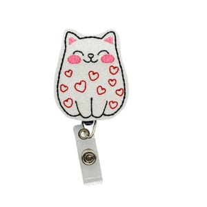 Valentine Cat Badge Reel, Valentine&#39;s Day Badge Reel, White Cat Badge Holder, Cat Lover Gift, Cat Gifts, Cat Badge Clip, Kitten Badge Reel