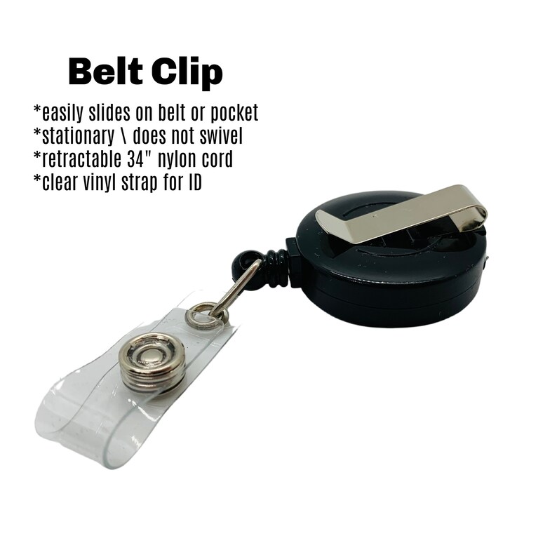 May include: Black retractable badge holder with a belt clip and a clear vinyl strap. The badge holder has a 34 inch nylon cord.