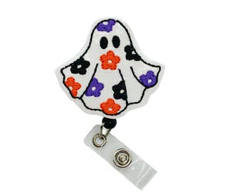 Ghost Badge Reel with Flower Design - Halloween ID Holder Clip
