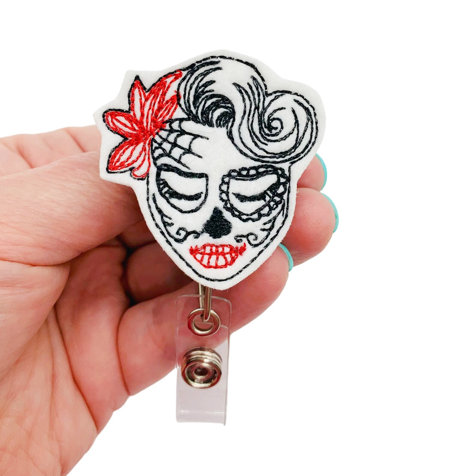 Skull Badge Reel Skull Badge Holder Sugar Skull Badge Girly Etsy