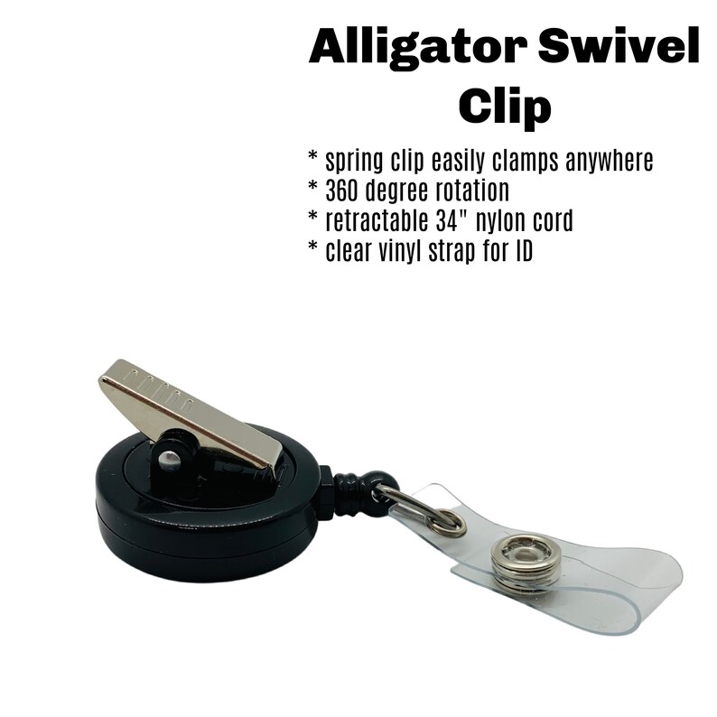 May include: Black retractable badge holder with an alligator clip, a 34-inch nylon cord, and a clear vinyl strap for an ID card. The text "Alligator Swivel Clip" is written in bold black letters above the product.