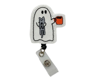 Sparkly Ghost with Cat Badge Reel, Retractable Ghoul with Coffee Badge Holder, Glitter Halloween Badge Clip, Autumn Badge Pull for Work ID