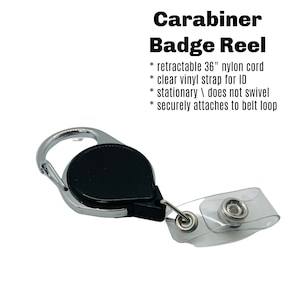 May include: A black carabiner badge reel with a retractable 36-inch nylon cord, a clear vinyl strap for an ID, and a stationary swivel that securely attaches to a belt loop.