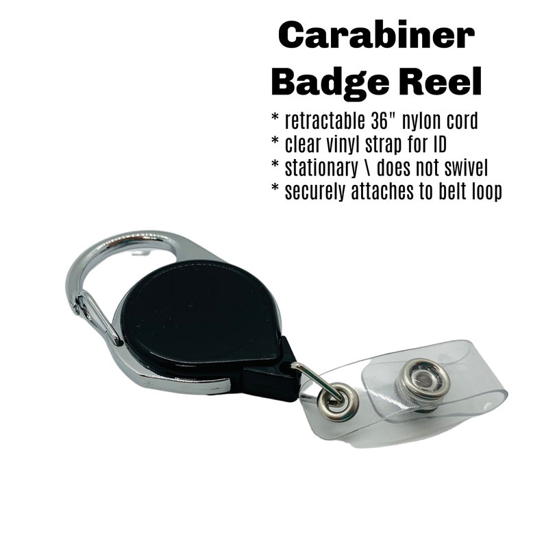 May include: A black carabiner badge reel with a retractable 36-inch nylon cord, a clear vinyl strap for an ID, and a stationary swivel that securely attaches to a belt loop.