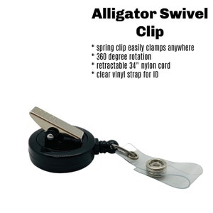 May include: Black retractable badge holder with an alligator clip, a 34-inch nylon cord, and a clear vinyl strap for an ID card. The text "Alligator Swivel Clip" is written in bold black letters above the product.