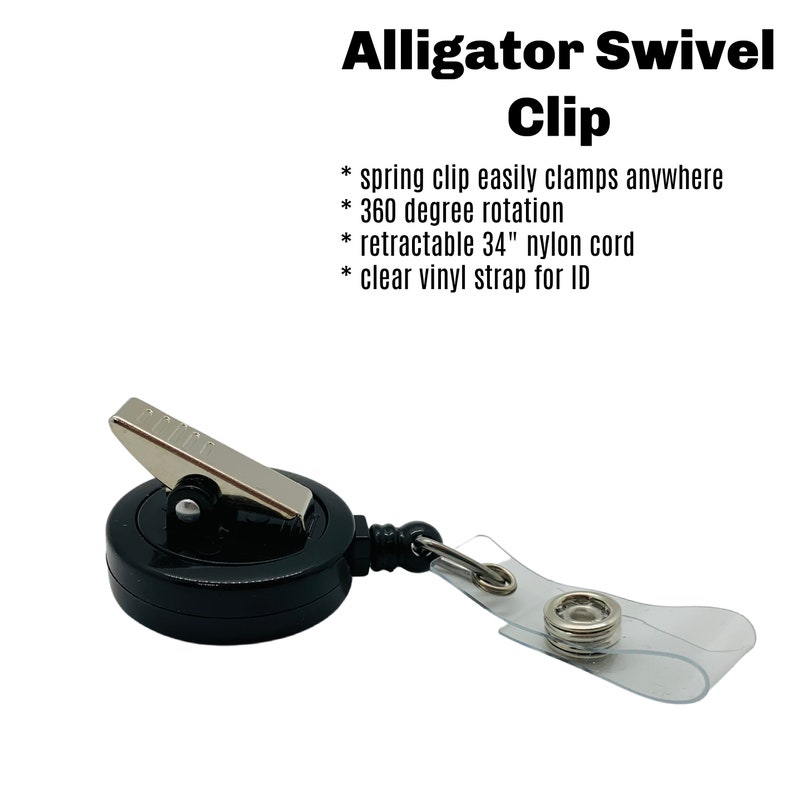 May include: Black retractable badge holder with an alligator clip, a 34-inch nylon cord, and a clear vinyl strap for an ID card. The text "Alligator Swivel Clip" is written in bold black letters above the product.