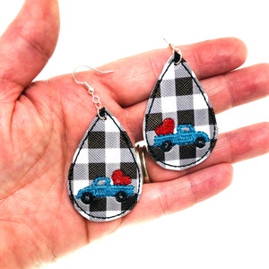 Plaid Earrings, Valentines Earrings, Dangle Earrings, Valentines Day Faux Leather Earrings, Earrings with Hearts, Teardrop Earrings Handmade
