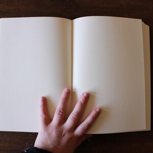 K&ouml;nnte beinhalten: Ein offenes, leeres Buch mit einer Hand, die auf den aufgeschlagenen Seiten ruht. Das Buch hat einen dunkelgr&uuml;nen Einband und wei&szlig;e Seiten.