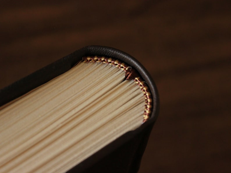 K&ouml;nnte beinhalten: Nahaufnahme des Buchr&uuml;ckens eines gebundenen Buches mit einem dunkelbraunen Ledereinband und einem dekorativen goldenen und roten Band.