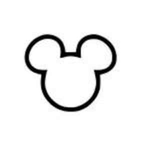 May include: A simple black and white outline of Mickey Mouse's head and ears. The design features a large circle for the face and two smaller circles for the ears, all connected by curved lines.