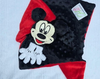 Adorable Handmade Mickey Mouse–Inspired Woobie Lovey – Personalized Minky Baby Blanket | Soft Mouse Security Blanket | Custom Baby Gift
