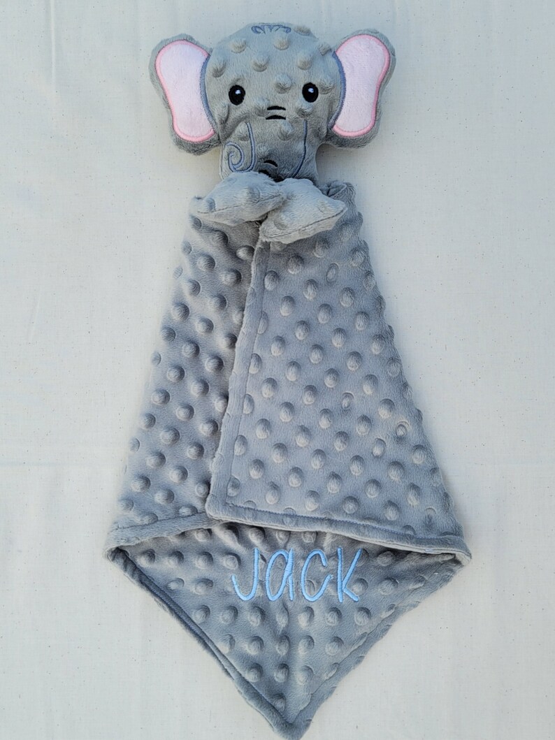 Elephant Lovie Lovie animal personnalisé Couverture de sécurité personnalisée Cadeau bébé personnalisé Lovie brodée Lovey Woobie Minky image 7