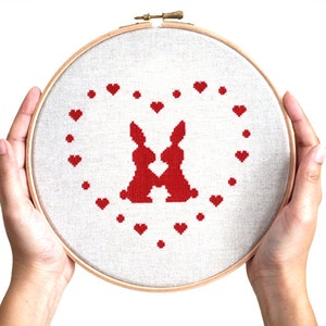 Valentine rabbits love heart silhouette Modern cross stitch pattern PDF instant download image 1