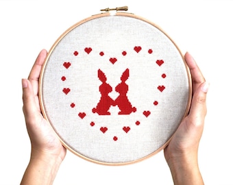 Valentine rabbits love heart silhouette - Modern cross stitch pattern PDF instant download