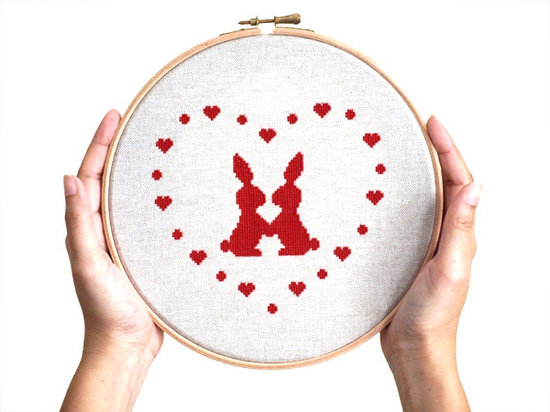 Valentine rabbits love heart silhouette Modern cross stitch pattern PDF instant download image 1