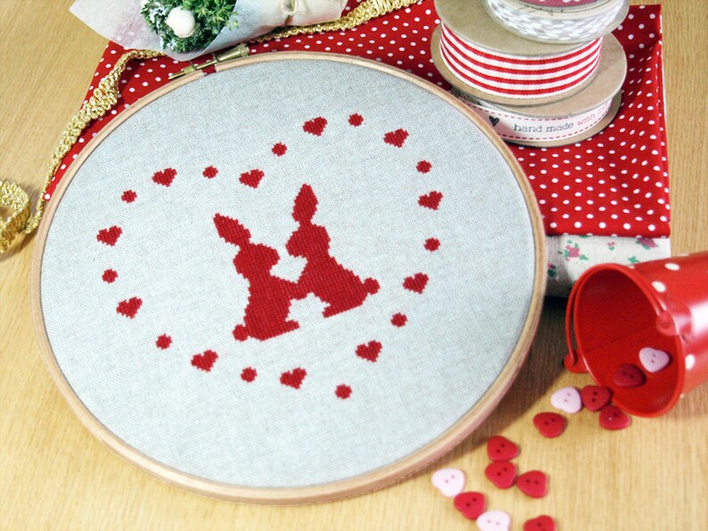 Valentine rabbits love heart silhouette Modern cross stitch pattern PDF instant download image 2