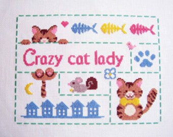 Crazy cat lady - Modern cross stitch pattern for cat lover PDF instant download