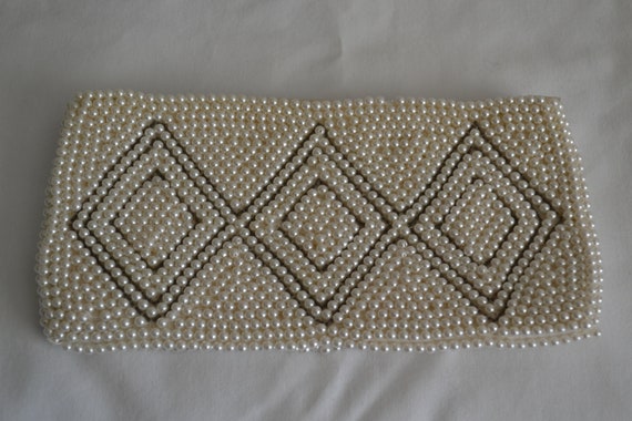 Vintage Pearl Beaded Diamond Print Clutch, Evenin… - image 1