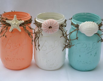 Shabby Chic Painted and Distressed Ball Mason Jars, Beach Decor, Beach Wedding, "Salty Kisses" |3 Pieces
