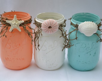Shabby Chic Painted and Distressed Ball Mason Jars, Beach Decor, Beach Wedding, "Salty Kisses" |3 Pieces