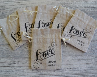 Linen Favor Bags, Jewelry Bags, Love, 100% Sweet (4x3") |3 Pieces