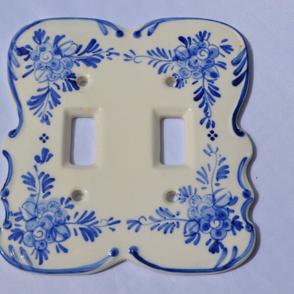 Blue and White Floral Ceramic Double Light Switch Cover