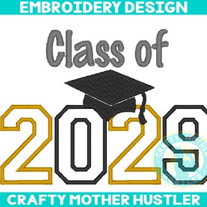 May include: Embroidery design for a graduation cap with the text "Class of 2020" in gold and black lettering.