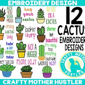12 Cactus Embroidery Designs Bundle, for 4x4 and 5x7 hoops, cactus sayings, succulent designs, plant embroidery, crafty mother hustler