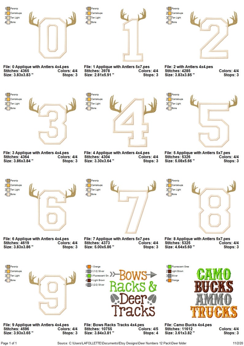 Deer Antler Numbers Appliques Embroidery Designs Bundle Set 0 Etsy