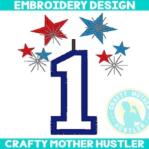 May include: Embroidered design of the number one with red, white, and blue stars around it. The text "Crafty Mother Hustler" is below the design.
