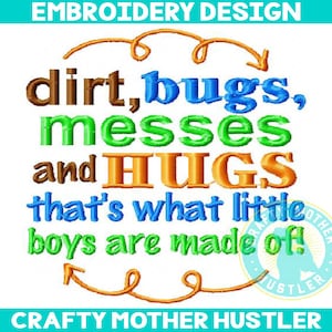 Borduurontwerp kleine jongens: vuil, insecten, knuffelspreuk (voor hoepels van 5 x 7 en 6 x 10) (digitale download