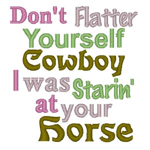 Op de afbeelding: Borduurwerk met de tekst "Don't flatter yourself cowboy I was starin' at your horse" in roze, groen en bruin.
