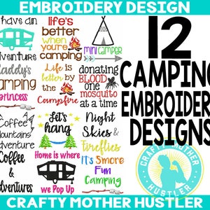 Camping Embroidery Designs Bundle, campfire designs, tent embroidery, camper embroidery, for 4x4 and 5x7 hoops, crafty mother hustler