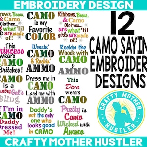 Camo Sayings Collection Country Embroidery Design Bundle, Perfect for Shirts and All Things Baby, For 4x4 and 5x7 Hoops