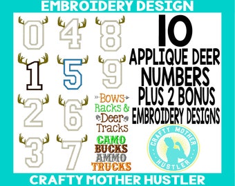 Deer Antler Numbers Appliques Embroidery Designs Bundle, Set 0 to 9, Plus 2 Bonus Designs, Perfect For Birthday Shirts. 4x4, 5x7 Hoops