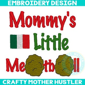 Design de bordado de almôndega da mamãe, espaguete, ditado italiano, perfeito para todas as coisas do bebê, para aros 4x4 e 5x7, mãe astuta