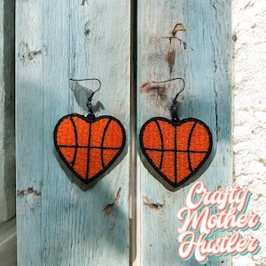 Free Standing Lace Basketball Heart Earrings for 4x4 hoops, FSL Earrings, in the hoop, ITH Earrings, Sports Earrings, Embroidery Design