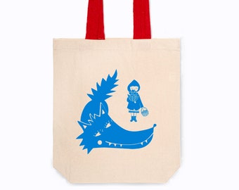 Handprinted Tote Bag | Cotton Shopping Bag | Natural Cotton Totebag | Canvas Totebag |  Red Handles Tote Bag | Illustrated Totebag