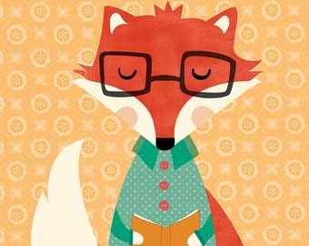Paper print for children's room with a reading fox. Available in different sizes