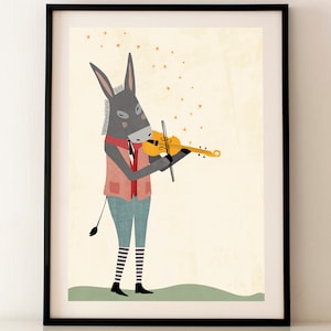 Donkey Wall Art / Donkey Poster / Donkey Print / Donkey with Violin Print / Donkey Art / Animal Playing Music / Animal Whimsical Print image 1